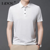 Eoior Summer Ice Silk Fabric Polo Shirts Man Turn-down Collar Solid Color Button Casual Formal Pullovers Street Quick Drying Tops