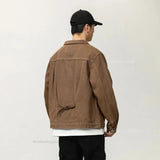 Eoior Casual Fashion Loose Denim Jackets for Men Streetwear Harajuku Canvas Retro Brown Multi-pocket Jacket Male Clothing