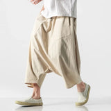 Eoior Summer Men Plus Size Casual Harem Pants Vintage Loose Cotton Linen Wide Leg Pants Men Elastic Waist Pantalones Trousers