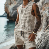 Eoior  -  Casual Breathable Knitted Hollow Out Two Piece Sets Men Vintage O Neck Sleeveless Tank Top Knit Shorts Mens Outfits Summer Suits