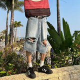 Beach Style Jeans Men Summer Fashion Vintage Hole Design All-match Denim Clothing Gothic High Street Males Trousers Knee Length