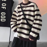 Eoior  Fashion O-Neck Knitted Spliced Loose Korean Striped Sweater Men's Clothing Autumn New Casual Pullovers All-match Warm Tops