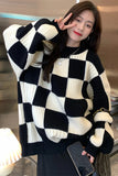 Eoior   New Large Size Plaid Splicing Sweaters Women's Clothing Knitted Pullovers Spring Autumn Loose Lazy Wind Sweater Tops jp220