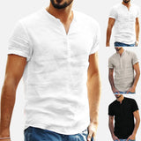 Eoior  2024 New Men's Standing Collar Cotton Linen Short Sleeved Shirt Men's Designer Clothes Popular Tops for Men