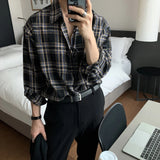 Eoior  Men Casual Plaid Shirts Single Breasted Long Sleeve Loose Blouse Male Korean Chic Streetwear Fashion All-match Outwear BF