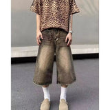 American retro cropped men wide leg jeans Y2k Gothic washed loose straight casual couple shorts sweatpants