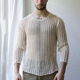 Men Mesh Top See Through Long Sleeves Round Neck Hollow-out Sexy Men Bottoming Shirt Knitted Mesh Top Clothing for Male