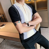 Slim Contrasting Colors Striped Korean Version Short Sleeve Lapel Simplicity All-match Handsome Trend Men's Clothing POLO Shirts