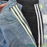 Eoior Striped Straight Tube Jeans Men High Quality Retro Washed Jeans Versatile Button Placket Casual Pants