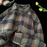 Eoior  Korean Street Plaid Shirt Coat Men's Long Sleeve Turn Down Collar Casual Shirts Vintage College Style Unisex Fashion Clothing