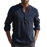 Eoior Cotton Linen Hot Sale Men's Long-Sleeved Shirts Summer Solid Color  Stand-Up Collar Casual Beach Style Plus Size