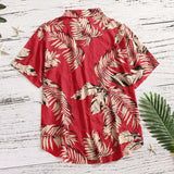 Hawaiian Shirt Men Holiday Short Sleeve Red Shirt Turn Down Collar Leaf Print Vacation Beach Tops Clothing Camisas