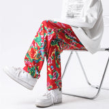 Eoior  Floral Print Casual Pants Y2k Flower Trousers Straight-Legs Pants Male Loose Fit Elastic Waist Long Pants