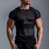 Sports Muscle Slim Elastic Mesh T Shirts Mens Sexy Hollow Out See Through Breathable Top Men Summer Stylish Short Sleeve T-shirt