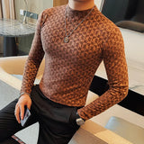 Eoior  -  Printed Semi Turtleneck Elastic T-shirt For Men Clothing Autumn New Long Sleeves Jacquard Tight-Fitting Solid Color Slim-fit Tee