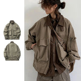 Bomber Jacket Men Vintage Multi-pocket Loose Safari Coat Harajuku Lapels Oversize Cargo Jackets Spring Autumn Unisex Casual Coat