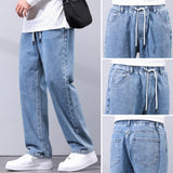 Eoior KSTUN Loose Fit Jeans Men Baggy Pants Light Blue Wide Leg Elastic Waist Casual Denim Pants Male Long Trousres Men's Clothing