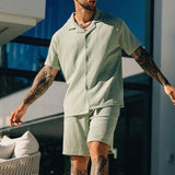 Vintage Short Sleeve Lapel Shirts Two Piece Men's Summer Beach Style Casual Sets Solid Color Shirt And Shorts Suits Men Clothing