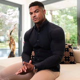 Eoior New Autumn Fashion Long Sleeve Shirt Men Solid Fitness Mens Turn-down Collar Button Super Slim Fit Business Dress Shirt Gym Tops