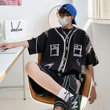 Eoior  -  Cute Graffit Summer Outfits Men Blouse Top Shorts Set Oversize Funny Shirt Harajuku Casual Short Sleeve T-shirt 2PCS Suits