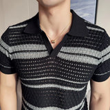 Men Polo Shirt  Summer New Thin Knitted Striped Jacquard Patchwork Color Short Sleeved Casual V-neck T-shirt Men Clothing