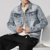Eoior 2024 New Korean Fashion Men's Denim Jacket Loose Casual Washed Printed Male Clothing Baggy Jackets Streetwear