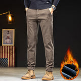 Eoior  Winter Men's Straight Slim Fit Fleece Casual Pants Comfortable Stretch Fabric Thickened Versatile Brown Trousers Male