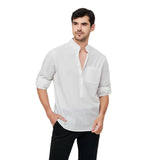 Eoior Spring and Autumn Men's Shirts Casual Loose Cotton Henley Shirts Fashionable Stand Collar Cotton Solid Color Linen Men's Clothes