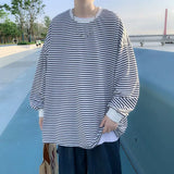 Eoior New Spring and Autumn Fashion Hong Kong Style Stripes Lazy Fashion Brand Handsome Youth Trend Casual Men's T-shirt