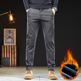 Eoior  Winter Men's Straight Slim Fit Fleece Casual Pants Comfortable Stretch Fabric Thickened Versatile Brown Trousers Male