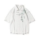 Eoior  2024 Men's Short Sleeve Embroidery Shirt Asian Style Trend White Black Shirts Summer Casual Button Down Blouses