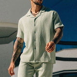 Vintage Short Sleeve Lapel Shirts Two Piece Men's Summer Beach Style Casual Sets Solid Color Shirt And Shorts Suits Men Clothing