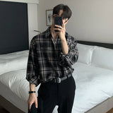 Eoior  Men Casual Plaid Shirts Single Breasted Long Sleeve Loose Blouse Male Korean Chic Streetwear Fashion All-match Outwear BF