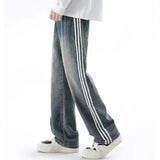 Autumn Winter American Striped Loose Jeans Men Students Loose Straight Wide Leg Long Pants Pocket