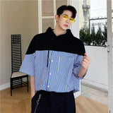 Eoior  Fashion Loose Pockets Spliced Striped Hooded T-Shirts Men's Clothing 2024 Summer New Oversized Korean Tops Casual Tee Shirt