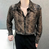 Mens Sexy Leopard Print Mesh See-Through Ice Silk Shirt Autumn Genderless Fashion Youth Nightclub Breathable Hollow Top Unisex