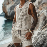 Eoior  -  Casual Breathable Knitted Hollow Out Two Piece Sets Men Vintage O Neck Sleeveless Tank Top Knit Shorts Mens Outfits Summer Suits