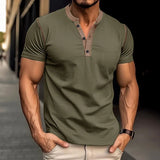 New Casual Striped Patchwork V Neck T Shirt Mens Summer Leisure Loose Short Sleeve Buttoned Tops For Men Clothes Pullover Tees