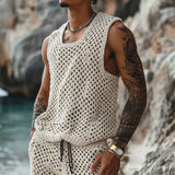 Casual Breathable Knitted Hollow Out Two Piece Sets Men Vintage O Neck Sleeveless Tank Top Knit Shorts Mens Outfits Summer Suits