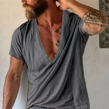 Vintage Loose Cotton T Shirts Men Casual V Neck Short Sleeve Solid Tees Spring Summer Fashion Pure Color Clothes Men's Tops