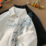 Eoior  2024 Men's Short Sleeve Embroidery Shirt Asian Style Trend White Black Shirts Summer Casual Button Down Blouses