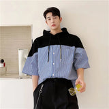 Eoior  Fashion Loose Pockets Spliced Striped Hooded T-Shirts Men's Clothing 2024 Summer New Oversized Korean Tops Casual Tee Shirt