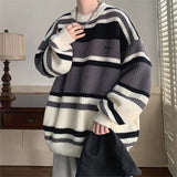 Eoior  Fashion Printed O-Neck Loose Embroidery Striped Sweater Men's Clothing 2023 Winter New Casual Pullovers All-match Tops