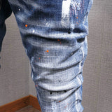 Eoior  Fashion Streetwear Men Jeans Retro Blue Elastic Slim Fit Ripped Jeans Men Painted Designer Elastic Hip Hop Denim Pencil Pants