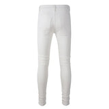 Eoior Sokotoo Men's white stretch ripped biker jeans Slim skinny pleated patchwork denim pants