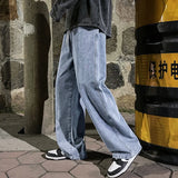 Eoior Korean Fashion Men's Baggy Jeans Elastic Waist  Classic olid Color Straight-leg Denim Wide-leg Pants Male Light Blue Grey Black