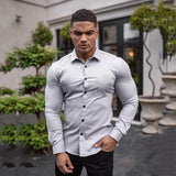 Eoior New Autumn Fashion Long Sleeve Shirt Men Solid Fitness Mens Turn-down Collar Button Super Slim Fit Business Dress Shirt Gym Tops