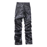 Eoior  Hip Hop Mens Pleated Pu Leather Pants Harajuku Retro Streetwear Loose Ruched Casual Trousers Straight Solid Color Black Pants