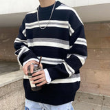 Eoior  Fashion O-Neck Knitted Spliced Striped Casual Sweater Men's Clothing 2022 Autumn New Korean Pullovers Loose All-match Tops