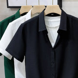 Waffle Short Sleeve Shirt Men's Fashion Casual Solid Polo Loose Collar Shirt Men's English Style Social Business Shirt